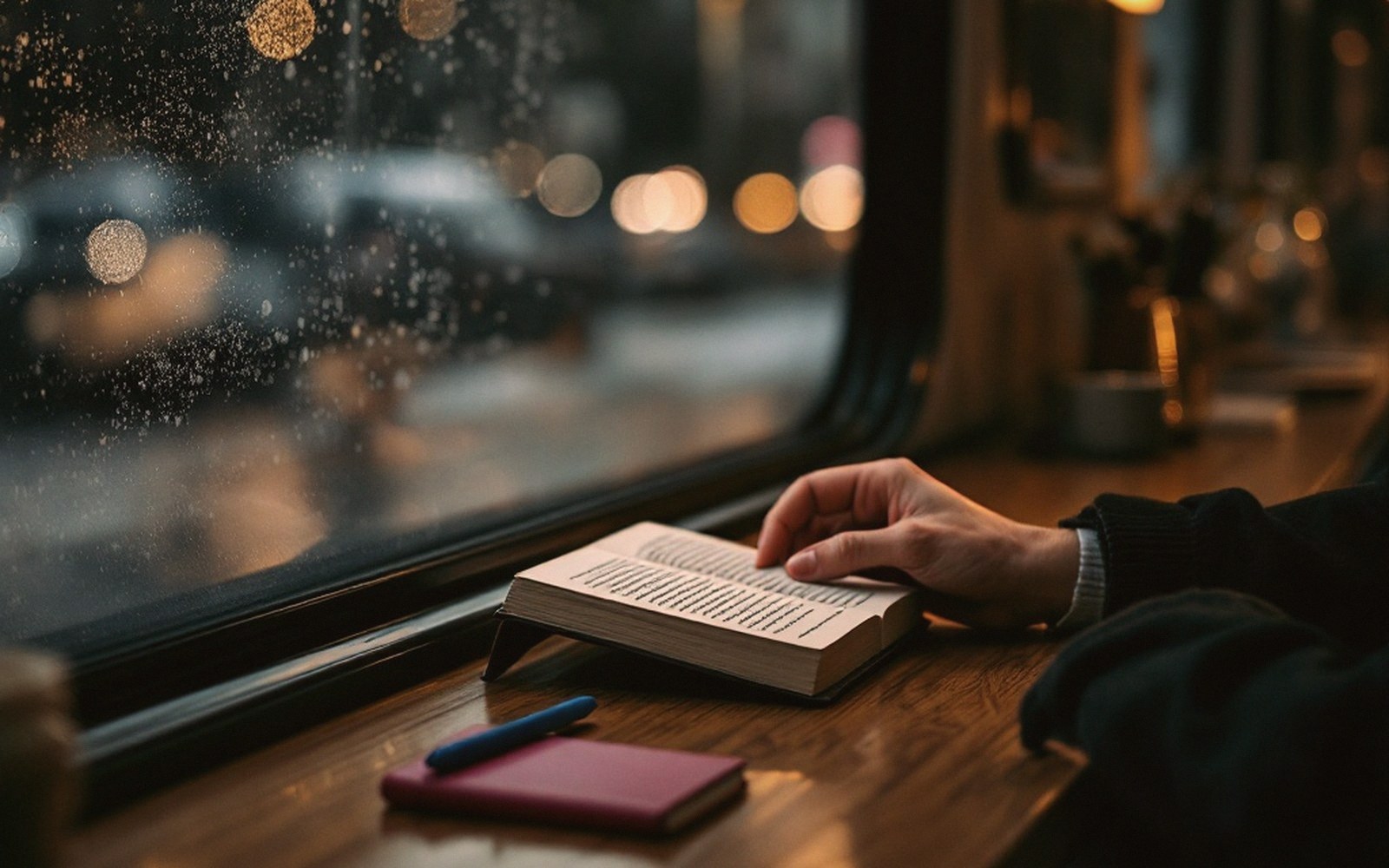 An adult's hands holding a paperback open on a commuter bus, the window behind showing dark streets
