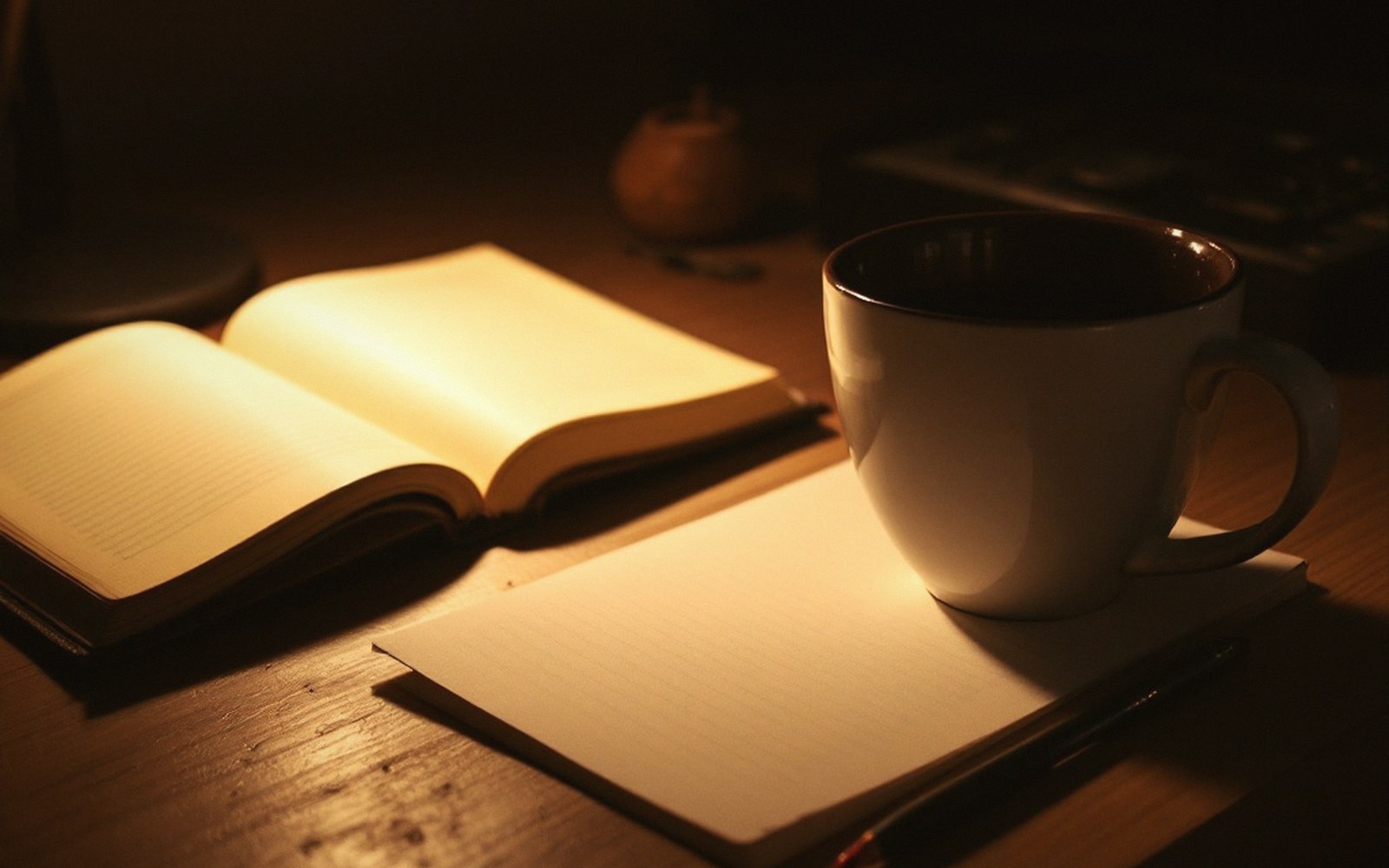A pool of warm lamplight falling across an open notebook and a half-empty coffee cup on a wooden desk at night