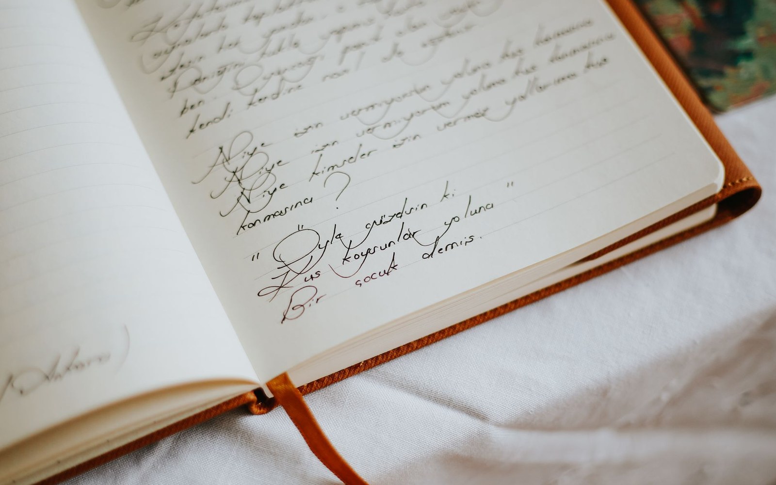 Open leather-bound journal with handwritten notes in cursive script on lined pages