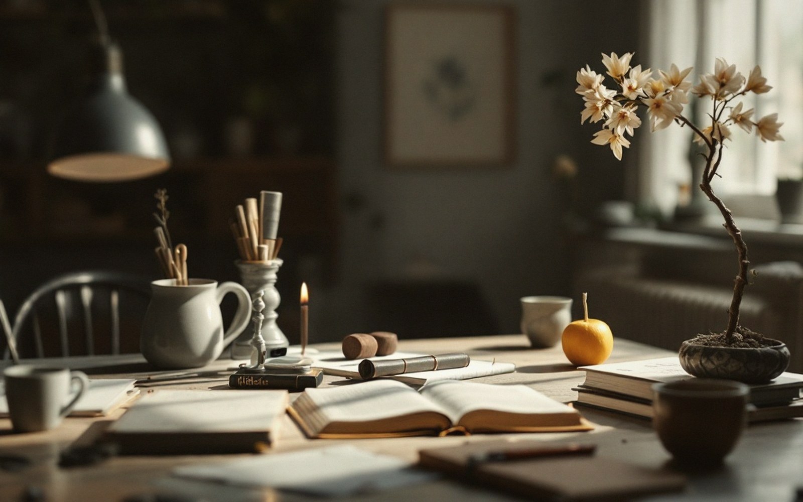 Sunlit desk with an open book, lit candle, orange, pens, and a flowering bonsai