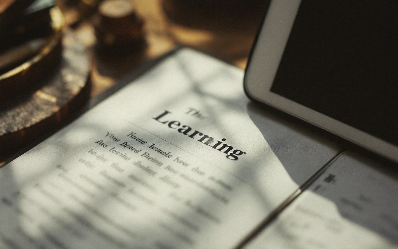 An open book with a page headed "Learning" beside a tablet on a wooden desk