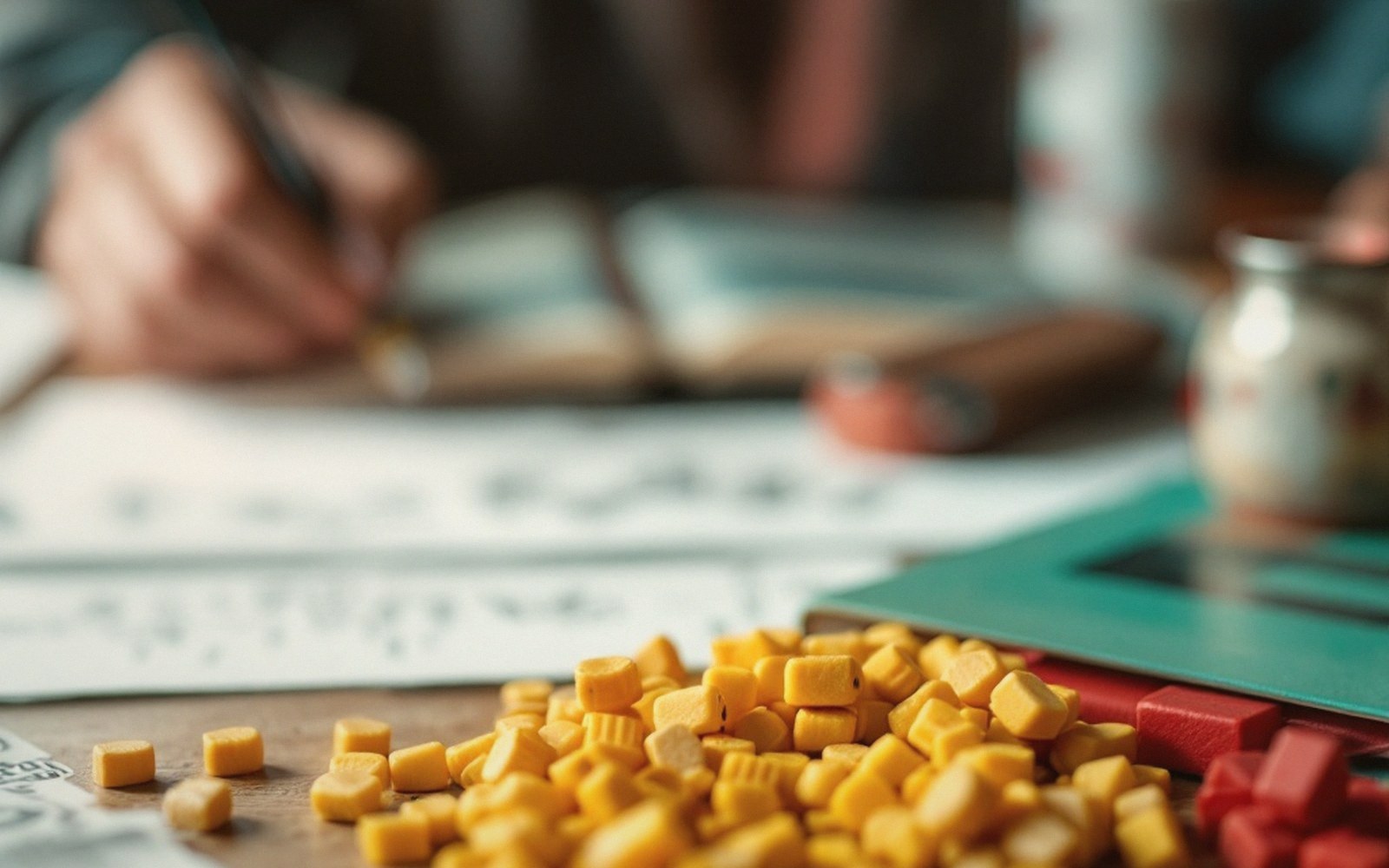 Small yellow game pieces piled beside handwritten notes as a hand writes in background