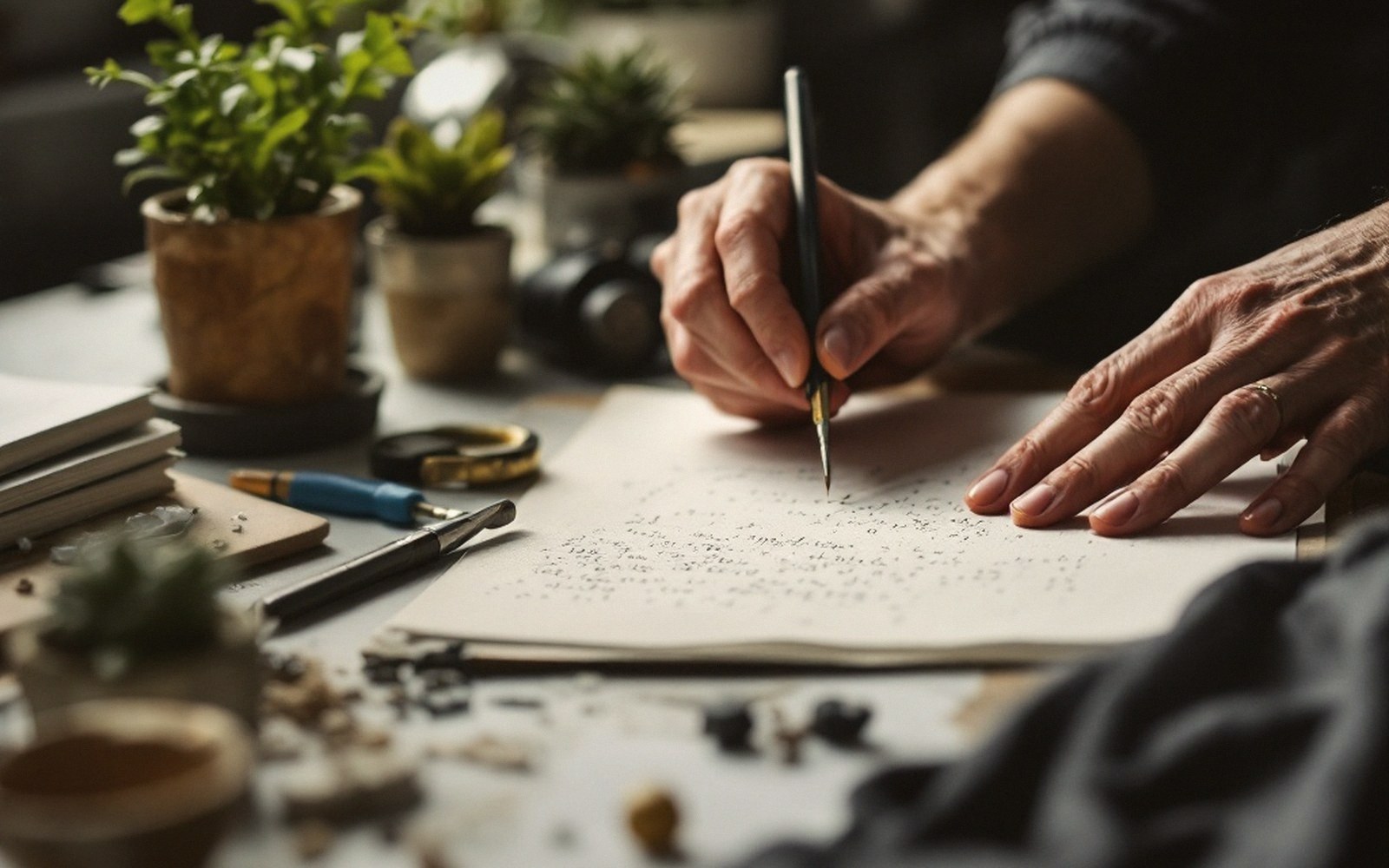 Hands writing notes with a fountain pen on paper covered in small text