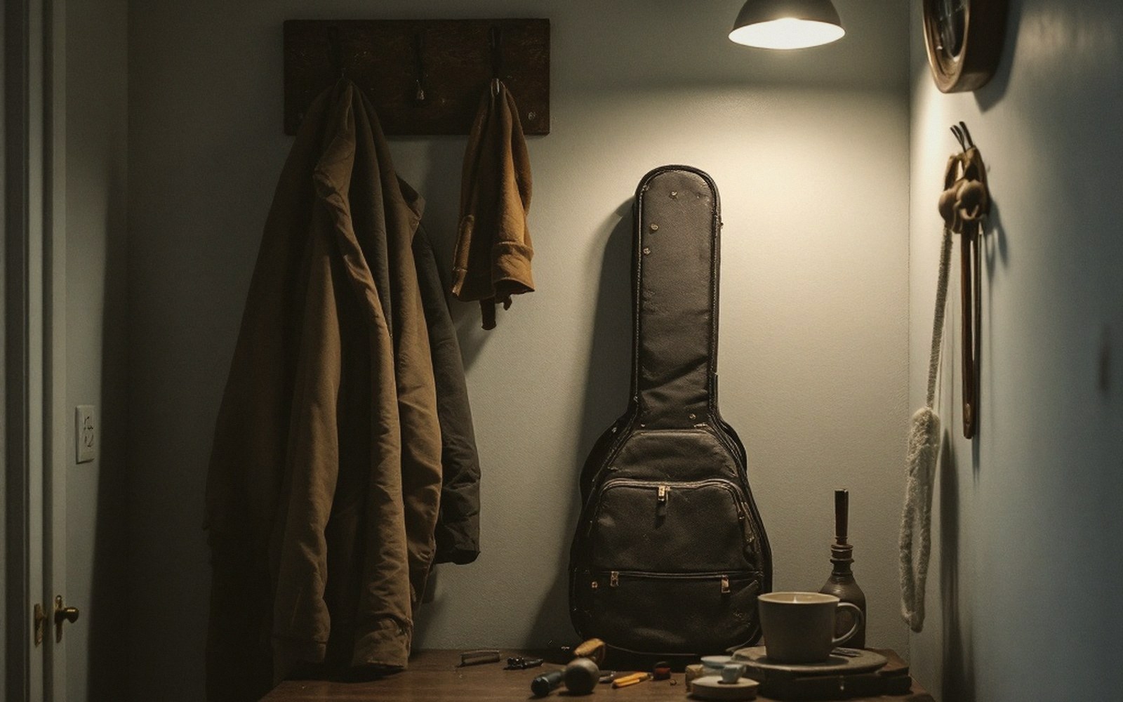 A worn instrument case propped against a hallway wall beside a coat hook, under a single overhead light