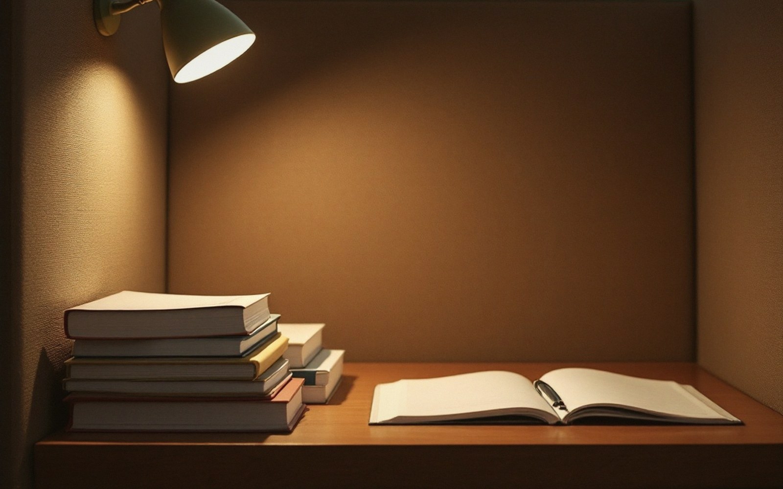 A lone adult seated at a library carrel, one side-lamp lit, a pile of books open beside a notepad