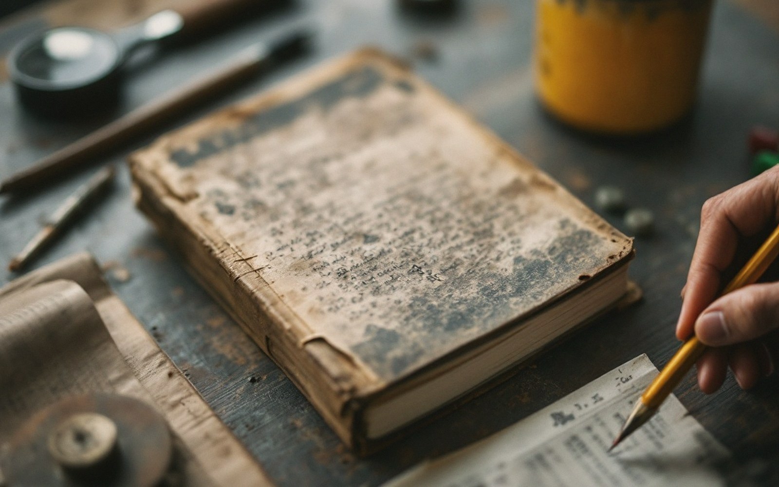 A battered notebook lying closed on a table, its cover creased and the corners bent from use